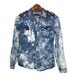 Blue Acid Wash Button Down Long Sleeve Denim Shirt